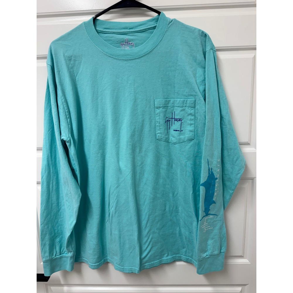 Guy Harvey Originals Long Sleeve Pocket T-Shirt Aqua Blue Marlin Fishing Mens M